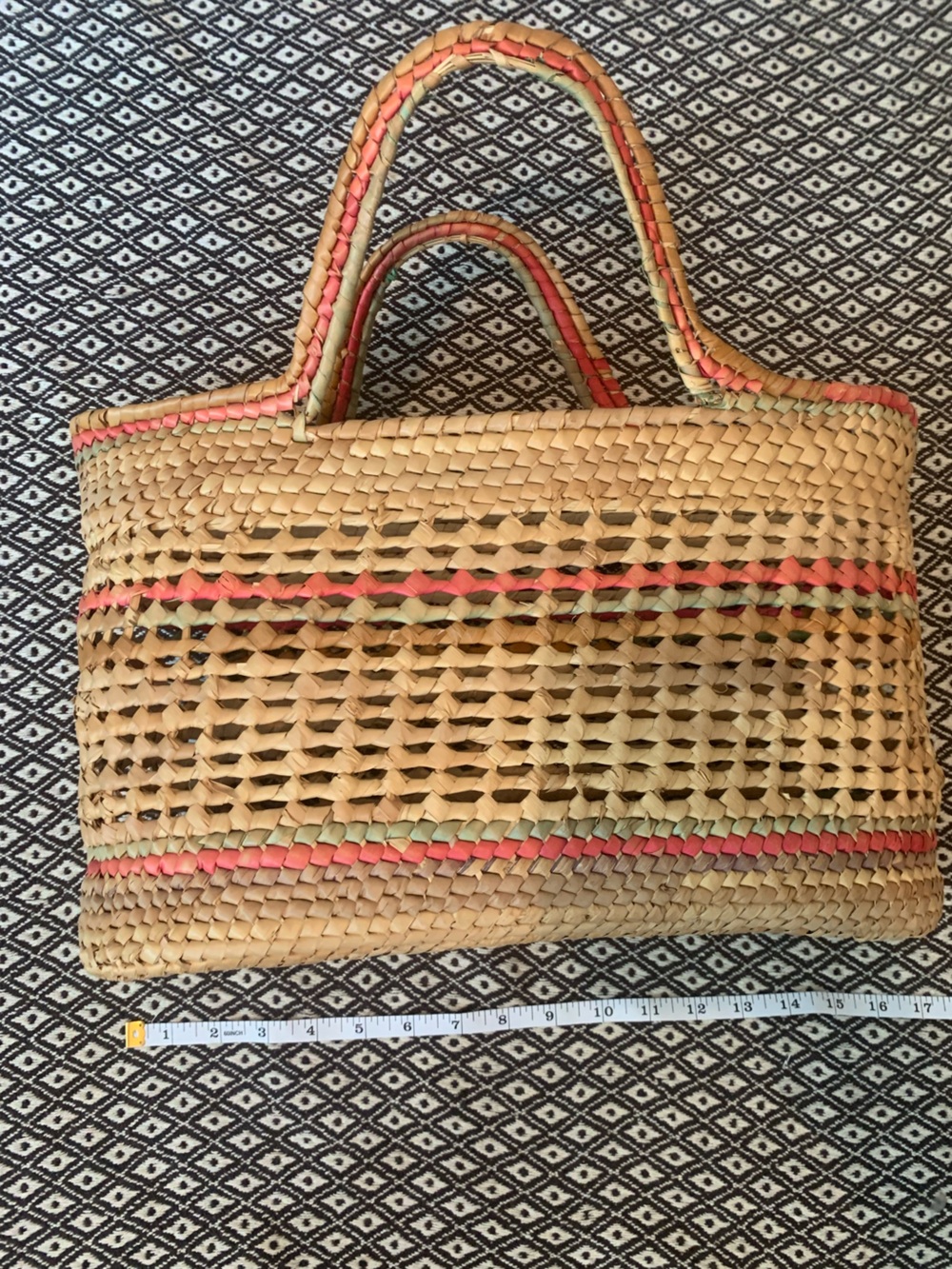 Woven Straw Tote Bag with Coral and Green Trim